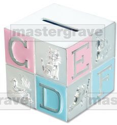 Children's Money Box (BG12) with pink & blue enamel panels